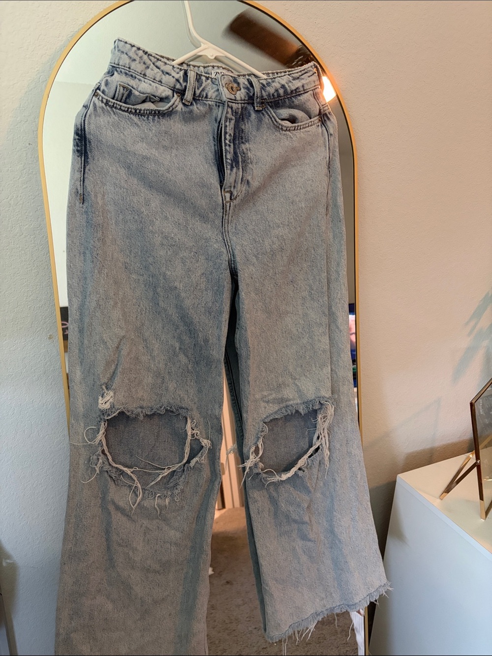 Zara Light Blue High-Rise Distressed Wide-Leg Jeans